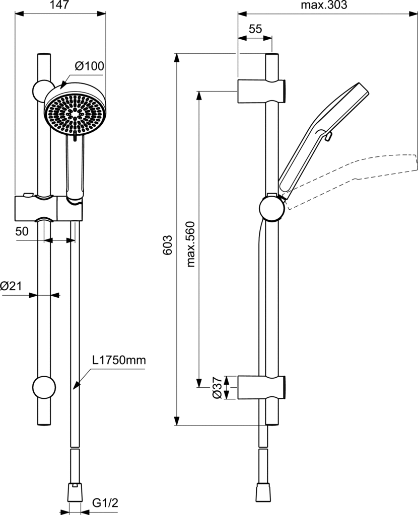 Idearain ALU+  комплект ръчен душ и тръбно окачване