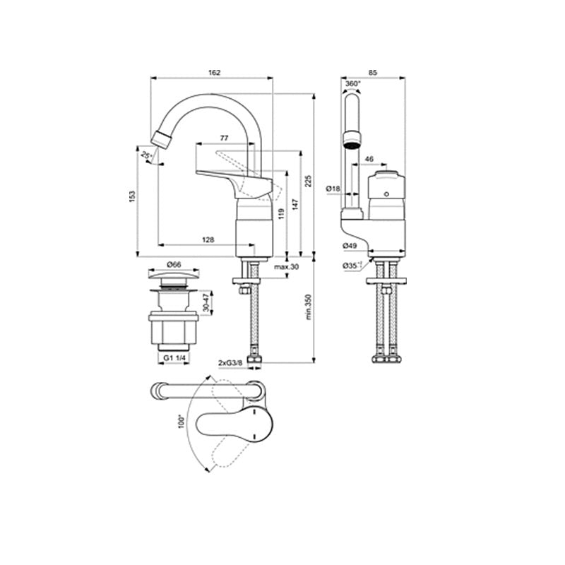 Cerabase Смесител за умивалник с висок тръбен чучур и Click изпразнител