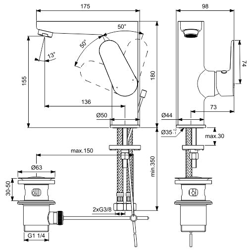 Tyria Смесител за мивка с висок лят чучур и изпразнител