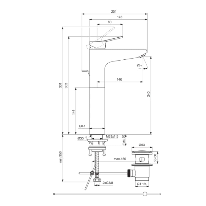 Dorea Смесител за мивка H240 и метален изпразнител