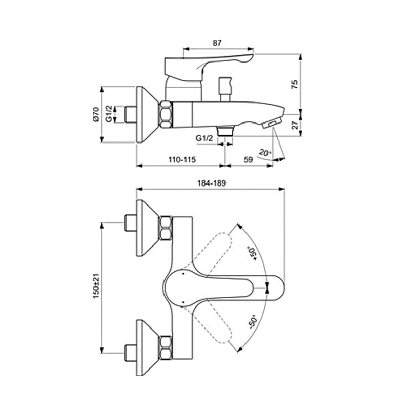 Alpha Смесител стенен за вана/душ с ръчен керамичен разпределител